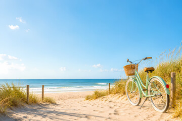 Fototapeta premium Bicycle on the beach path during a sunny day with ocean waves in the background and a clear blue sky