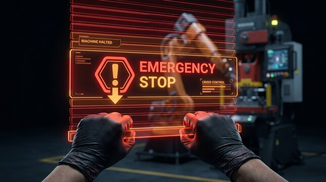 Premium Close-Up Pulling Virtual Safety Curtain EMERGENCY STOP Hologram