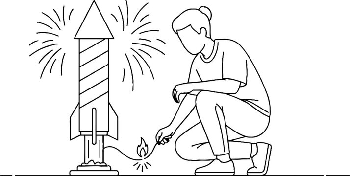 Person lighting firework rocket on ground.