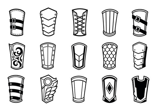 Medieval fantasy arm bracers and vambraces icons set featuring various protective forearm guard designs with straps buckles laces and plates for warrior character equipment