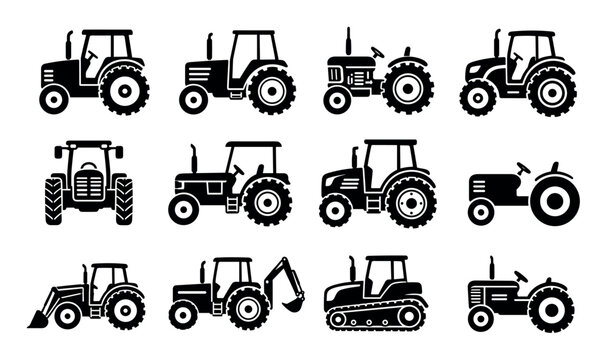 Black tractor icons and agricultural vehicle silhouettes representing various farming machinery models including front loaders, excavators, and tracked crawlers for graphic design