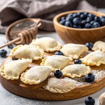 A wooden plate holds powdered dumplings with blueberries