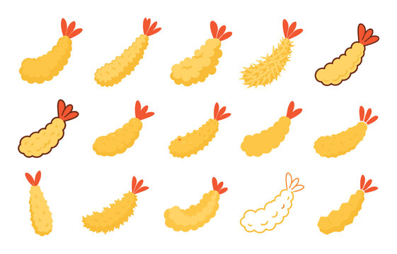Tempura shrimp deep fried prawn vector set featuring various styles of Japanese crispy ebi tempura icons for food menu design and culinary concepts