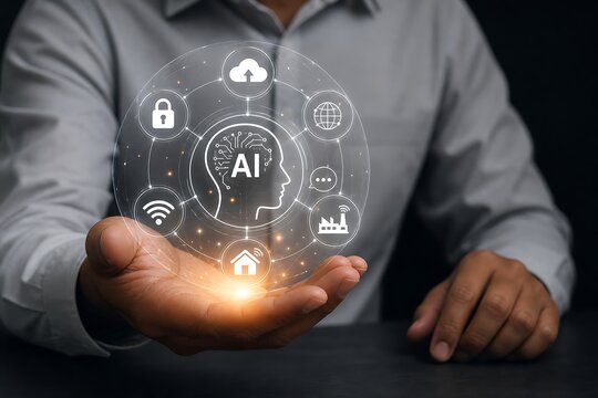 Hands holding ai technology concept with digital network and cloud computing icons