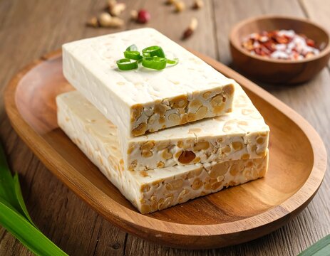 A wooden plate holds two blocks of white food garnished with green herbs