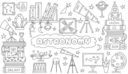 Obraz premium Coloring Page For Kids Going Back To School And Astronomy-Themed Illustration Set
