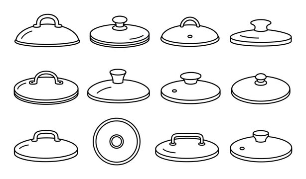 Pot lid icons set for kitchen cookware featuring various designs of glass and metal covers with handles and knobs in a clean line art style