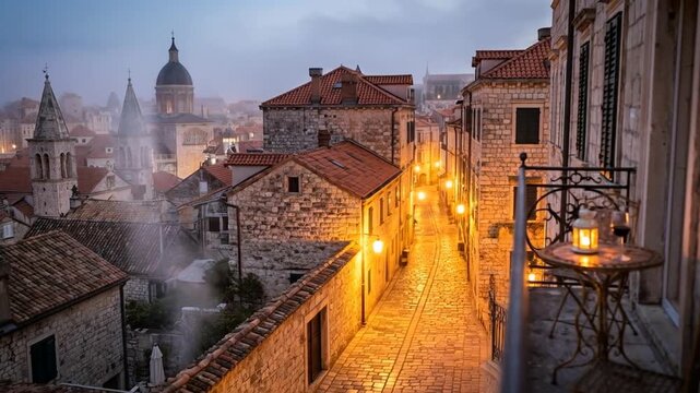 Historic European City Street at Dusk with Warm Lights.