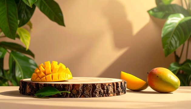 A wooden platform displays sliced and whole mangoes surrounded by green leaves on a beige background