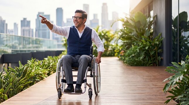 Smiling man in a wheelchair at the city skyline from a modern rooftop terrace.