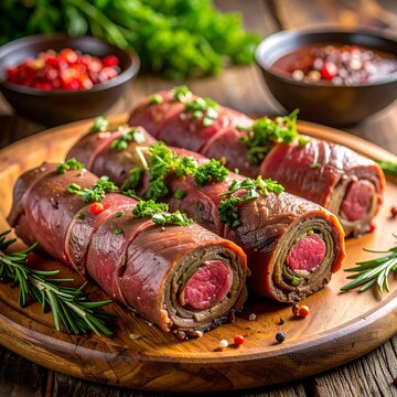 A wooden platter of sliced beef rolls garnished with herbs and spices