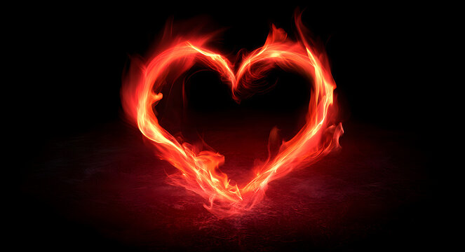 A dynamic heart shape emerged by flickering flames against a rough, textural backdrop