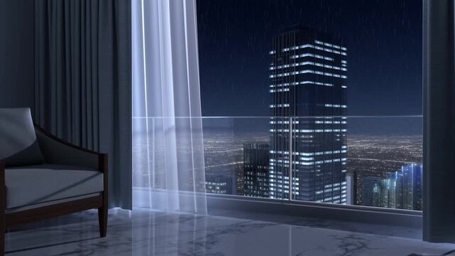 Luxury Apartment View of Cityscape at Night.