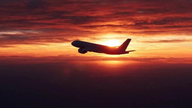 Silhouette of a commercial airplane flying against a dramatic sunset with vibrant orange and red hues in the sky