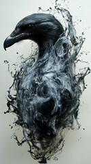 Obraz premium Artistic Portrait of Raven Emerging from Swirling Liquid Ink and Ethereal Smoke, Creating Dynamic Abstract Silhouette against Minimalist Light Gray Background