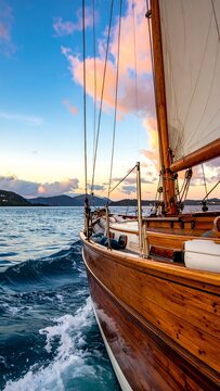 A wooden sailboat glides across the ocean with a vibrant sunset