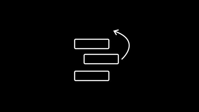 Clean white line art animation of three horizontal boxes with a curved arrow moving upward on black background. Represents data sorting and update.