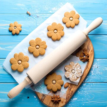 A wooden rolling pin on parchment paper with flower-shaped cookies on a blue wooden table with spices