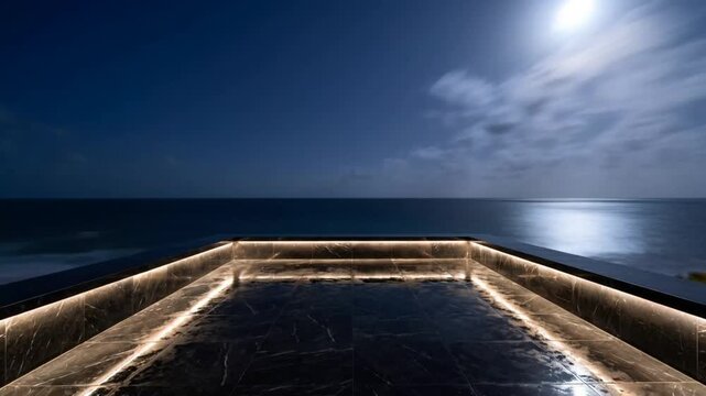 Luxurious Infinity Pool Overlooking the Ocean Under a Full Moon.
