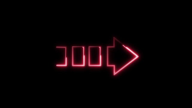 : Luminous red neon progressive arrow pointing right with segmented dash lines on black background. Suitable for digital navigation and interface UI.