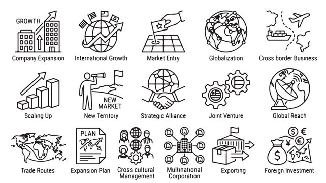 Business icons set for company expansion and growth strategy in line art style with black color on white background for marketing and finance