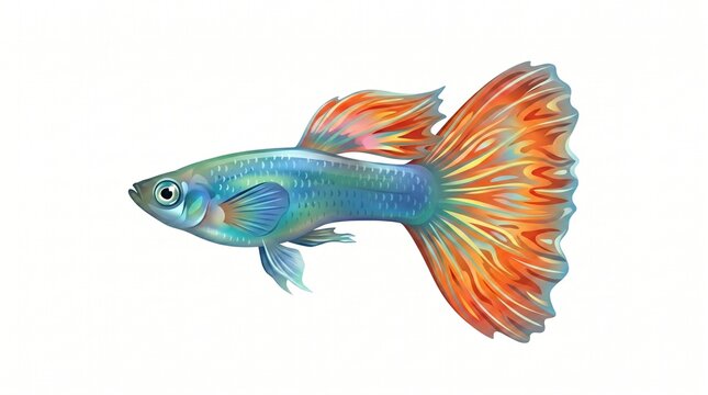 Colorful tropical guppy fish with a vibrant orange tail and shimmering blue body isolated on white background