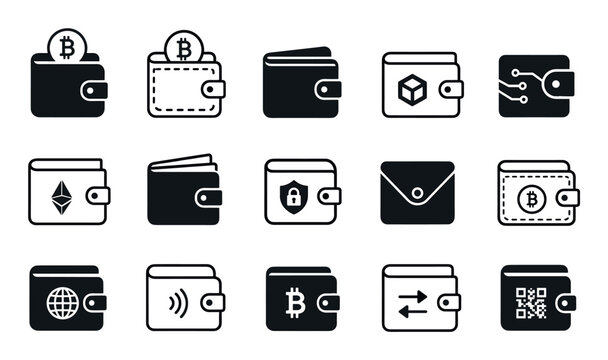 Cryptocurrency wallet icons and digital payment symbols representing secure online transactions, blockchain technology, bitcoin storage, and electronic money management