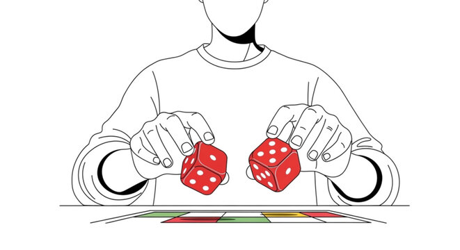 Hands throwing red dice on a board game table for gambling
