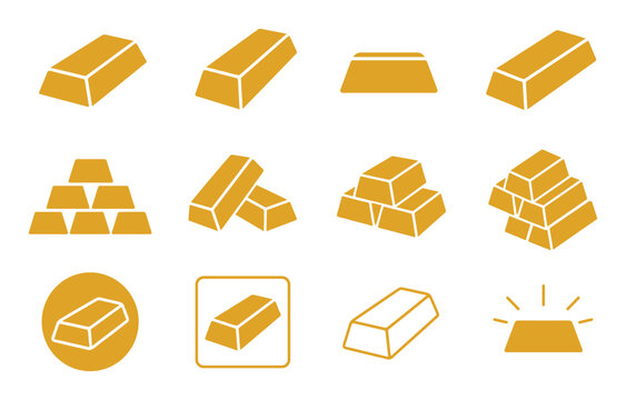 Gold bar icons and ingot vector symbols representing wealth, finance, banking, and precious metal reserves in various perspectives and stacked arrangements
