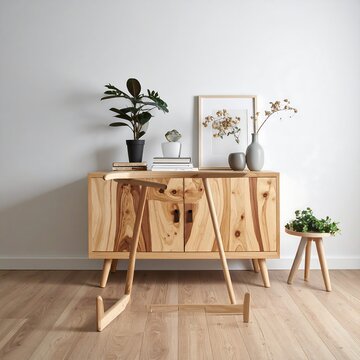 A wooden sideboard with a plant, vase, and picture on top stands against a white wall in a room with light wood flooring