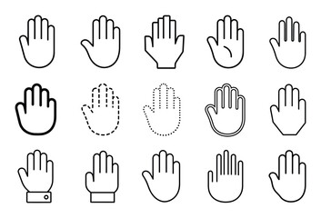 Fototapeta premium Hand outline icons representing stop palm gestures in various minimalist graphic styles for digital interfaces and mobile applications