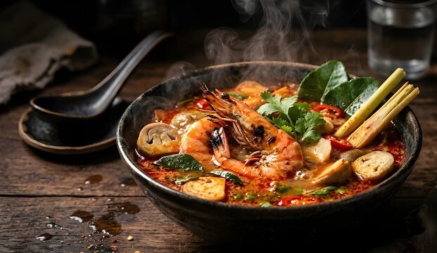 a steaming hot bowl of traditional Thai Tom Yum Goong spicy soup with prawns and lemongrass