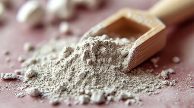 Close-Up View of Fine Beige Cosmetic Clay Powder Piled Beside Small Wooden Scoop on Rustic Textured Surface Representing Natural Skincare Ingredients and Spa Treatments