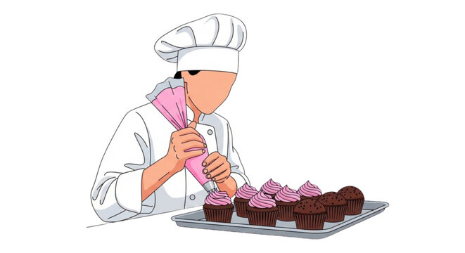Pastry chef decorating pink cupcakes with icing piping bag
