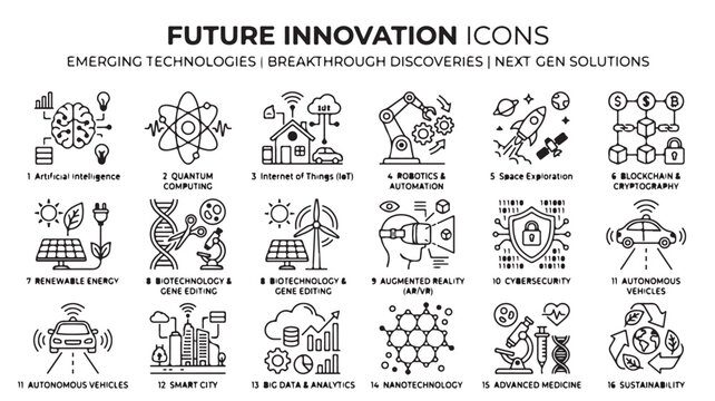 Future Innovation Icons Set For Emerging Technologies Concepts isolated on a transparent background