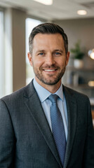 Fototapeta premium Professional portrait of confident middle-aged businessman with friendly smile, dressed in charcoal suit and blue tie, posed for high-quality corporate headshot in office.