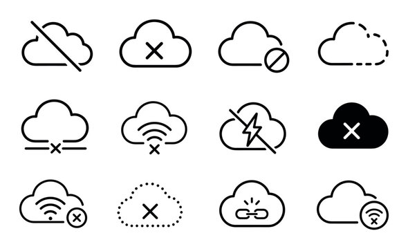 Cloud offline connection line icons representing disconnected network, server error, broken link, and no internet access for web and mobile applications