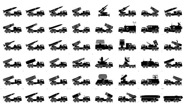 Military Missile Launcher Silhouette Set with Rocket Systems Radar and Air Defense Vehicles