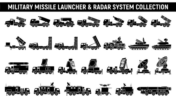 Black Military Vehicle Icons Featuring Missile Launchers Radar Systems and Defense Equipment