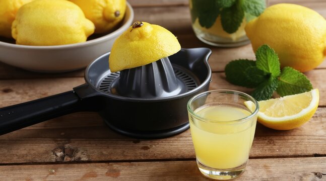 Manual juicer with fresh lemon half and squeezed juice in glass. Lemons and mint leaves on wooden table. Making homemade citrus drink for health.