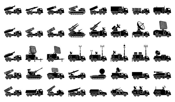 Military Rocket Launcher and Radar Vehicle Silhouette Icons for Defense and Security Design