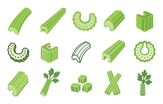 Celery stalks slices and leaves vector icons set showing different cuts of fresh green vegetables including cubes sticks and cross sections for cooking and healthy eating concepts
