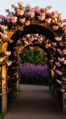 Fototapeta premium Wooden archway frames pathway filled with pink blossoms. Rich plants surrounds walkway leading into garden. Soft light illuminates floral structure, creating tranquil scene. Perfect for wedding