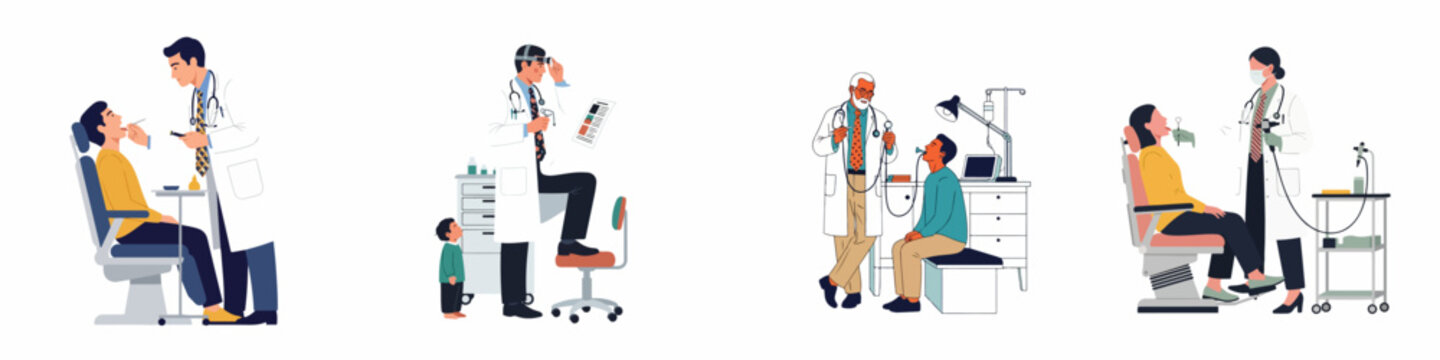 Illustrations of medical professionals conducting various clinical examinations and procedures on patients including ENT checkups and endoscopic investigations.