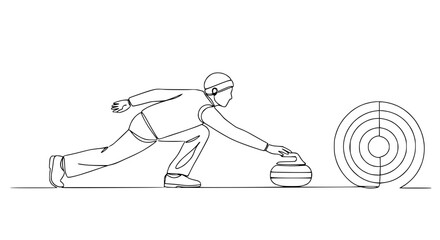Obraz premium Curling Athlete Sliding Stone Towards Target in Simple Line Art