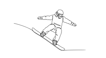 Fototapeta premium Continuous Line Drawing of Snowboarder on Snowy Slope, Winter Sport Action