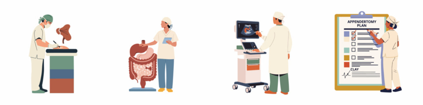 Set of Flat Illustrations Showing Appendectomy Surgery, Medical Diagnosis, Digestive System Model, and Pre-operative Surgical Planning