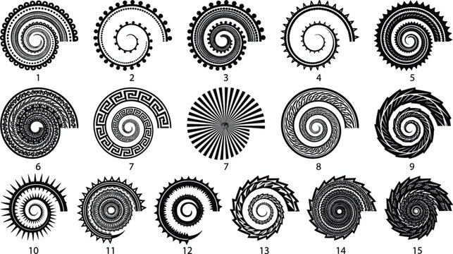 Tribal Spiral Ornaments and Geometric Nautilus Shell Patterns Set with Ethnic Circular Swirls Vector Illustration for Tattoo and Decor Designs