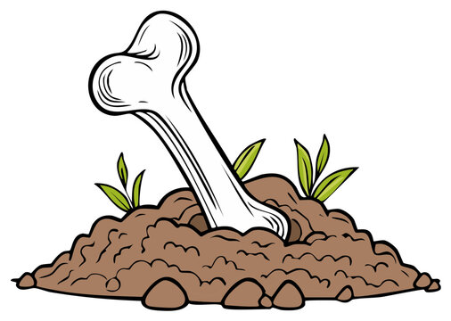 Cartoon illustration of a bone buried in the ground with growing vegetation.