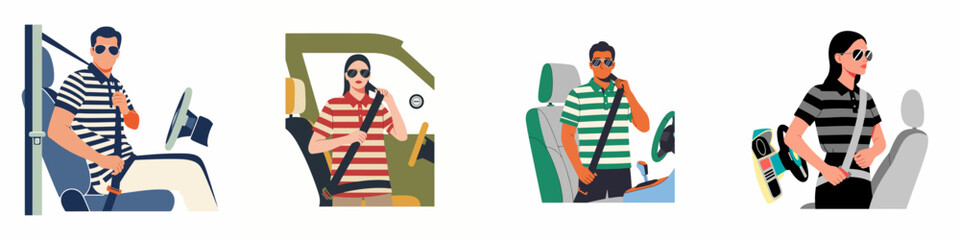 Fototapeta premium Set of flat illustrations showing diverse drivers and passengers fastening their seatbelts in a car, emphasizing road safety and security.